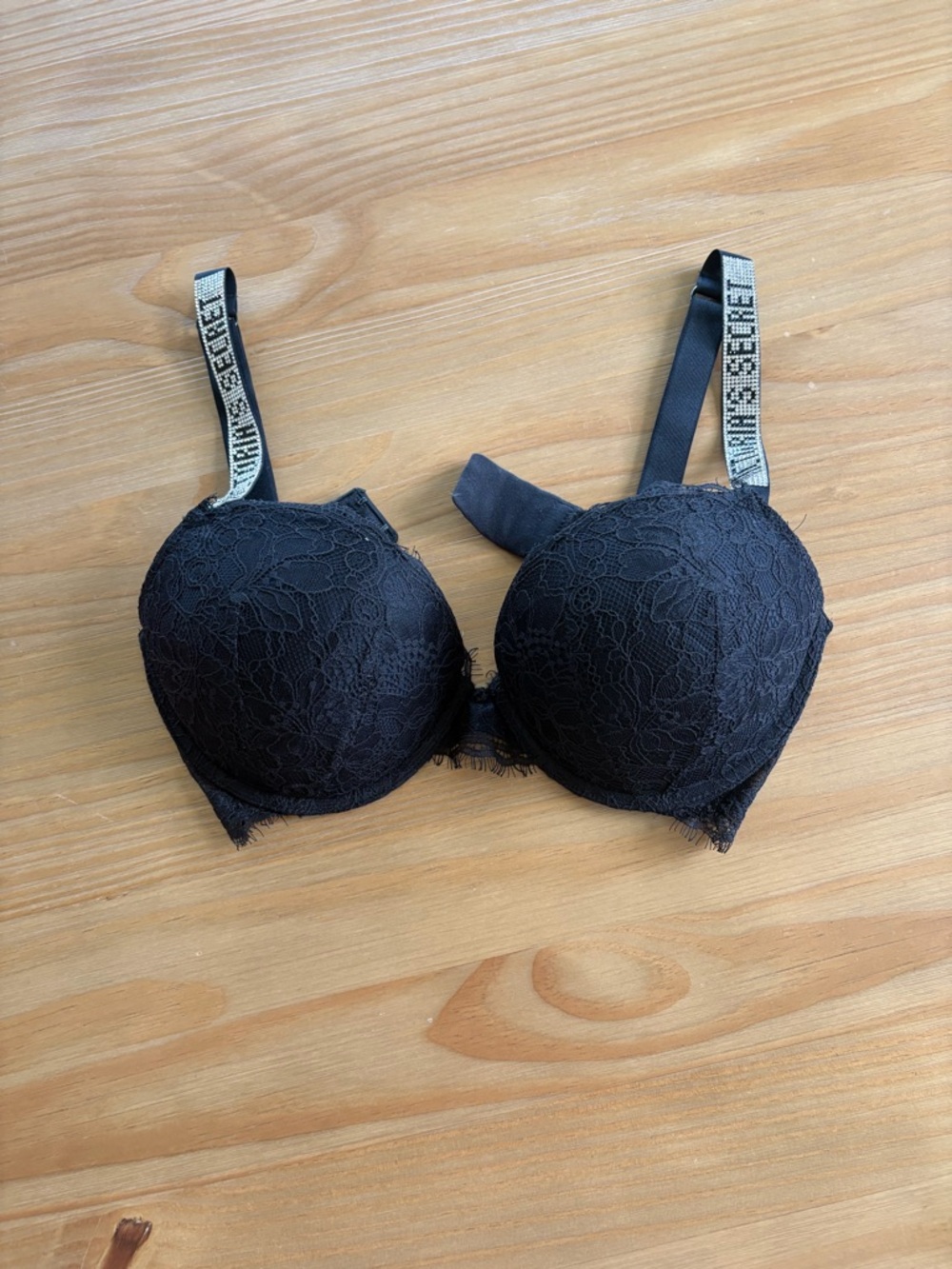 Victoria's Secret Black Lace Molded Cup Bra with Logo Straps